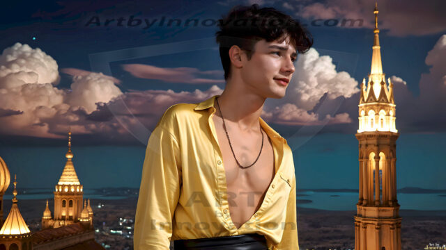 The Beautiful Young Men of the Golden City, is a collection of AI generated images of sexy, glamorous, handsome guys in the heavens. In this fantasy photograph of a young men in their late teens and 20's, overlooking a large golden city in the heavens. Generated to be as realistic as possible, in this this fantasy setting, with todays technology. Wearing jeans, an unbuttoned, vibrant, long-sleeve, button down shirt. The subject is enjoying a beautiful day outdoors. The mystical, galactic landscape, and the vibrant cosmic canopies, every detail, from the texture of the clouds, to the magnificent, majestic gothic architecture of the golden city, is crafted to create an atmosphere of reverence and divine glory. With a breathtaking scene, offering warm golden hour lighting. The heavenly landscape evokes a sense of freedom and tranquility, that is expresses through his facial features and smile, as day turns to night. The heavenly landscape evokes a sense of mysterious black space and light, with a vast galaxy that almost covers the image, the stars and constellations sparkle bright, in dark blue sky.