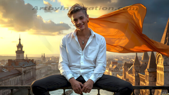 The Beautiful Young Men of the Golden City, is a collection of AI generated images of sexy, glamorous, handsome guys in the heavens. In this fantasy photograph of a young men in their late teens and 20's, overlooking a large golden city in the heavens. Generated to be as realistic as possible, in this this fantasy setting, with todays technology. Wearing jeans, an unbuttoned, vibrant, long-sleeve, button down shirt. The subject is enjoying a beautiful day outdoors. The mystical, galactic landscape, and the vibrant cosmic canopies, every detail, from the texture of the clouds, to the magnificent, majestic gothic architecture of the golden city, is crafted to create an atmosphere of reverence and divine glory. With a breathtaking scene, offering warm golden hour lighting. The heavenly landscape evokes a sense of freedom and tranquility, that is expresses through his facial features and smile, as day turns to night. The heavenly landscape evokes a sense of mysterious black space and light, with a vast galaxy that almost covers the image, the stars and constellations sparkle bright, in dark blue sky.