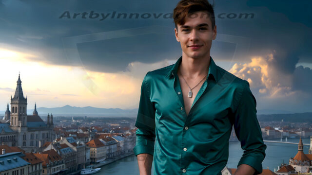 The Beautiful Young Men of the Golden City, is a collection of AI generated images of sexy, glamorous, handsome guys in the heavens. In this fantasy photograph of a young men in their late teens and 20's, overlooking a large golden city in the heavens. Generated to be as realistic as possible, in this this fantasy setting, with todays technology. Wearing jeans, an unbuttoned, vibrant, long-sleeve, button down shirt. The subject is enjoying a beautiful day outdoors. The mystical, galactic landscape, and the vibrant cosmic canopies, every detail, from the texture of the clouds, to the magnificent, majestic gothic architecture of the golden city, is crafted to create an atmosphere of reverence and divine glory. With a breathtaking scene, offering warm golden hour lighting. The heavenly landscape evokes a sense of freedom and tranquility, that is expresses through his facial features and smile, as day turns to night. The heavenly landscape evokes a sense of mysterious black space and light, with a vast galaxy that almost covers the image, the stars and constellations sparkle bright, in dark blue sky.
