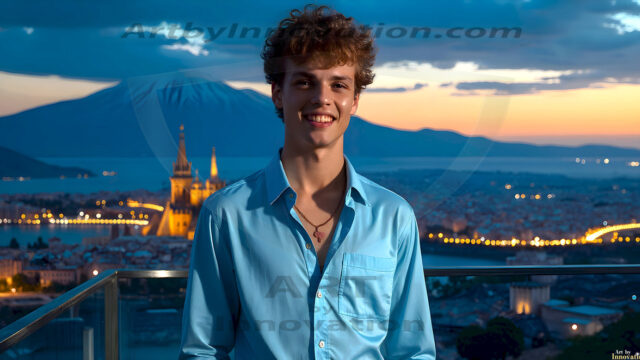 The Beautiful Young Men of the Golden City, is a collection of AI generated images of sexy, glamorous, handsome guys in the heavens. In this fantasy photograph of a young men in their late teens and 20's, overlooking a large golden city in the heavens. Generated to be as realistic as possible, in this this fantasy setting, with todays technology. Wearing jeans, an unbuttoned, vibrant, long-sleeve, button down shirt. The subject is enjoying a beautiful day outdoors. The mystical, galactic landscape, and the vibrant cosmic canopies, every detail, from the texture of the clouds, to the magnificent, majestic gothic architecture of the golden city, is crafted to create an atmosphere of reverence and divine glory. With a breathtaking scene, offering warm golden hour lighting. The heavenly landscape evokes a sense of freedom and tranquility, that is expresses through his facial features and smile, as day turns to night. The heavenly landscape evokes a sense of mysterious black space and light, with a vast galaxy that almost covers the image, the stars and constellations sparkle bright, in dark blue sky.