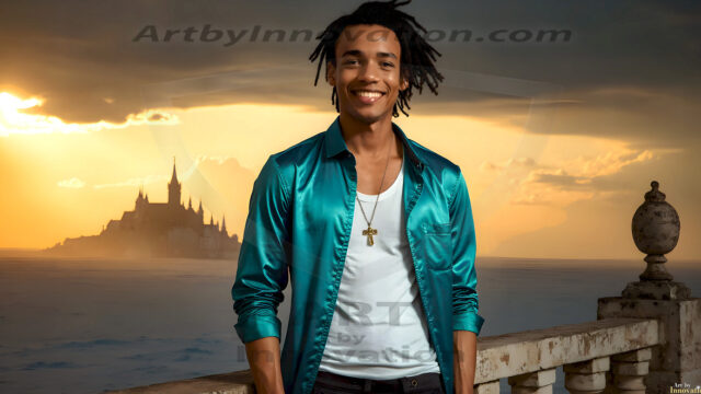 The Beautiful Young Men of the Golden City, is a collection of AI generated images of sexy, glamorous, handsome guys in the heavens. In this fantasy photograph of a young men in their late teens and 20's, overlooking a large golden city in the heavens. Generated to be as realistic as possible, in this this fantasy setting, with todays technology. Wearing jeans, an unbuttoned, vibrant, long-sleeve, button down shirt. The subject is enjoying a beautiful day outdoors. The mystical, galactic landscape, and the vibrant cosmic canopies, every detail, from the texture of the clouds, to the magnificent, majestic gothic architecture of the golden city, is crafted to create an atmosphere of reverence and divine glory. With a breathtaking scene, offering warm golden hour lighting. The heavenly landscape evokes a sense of freedom and tranquility, that is expresses through his facial features and smile, as day turns to night. The heavenly landscape evokes a sense of mysterious black space and light, with a vast galaxy that almost covers the image, the stars and constellations sparkle bright, in dark blue sky.