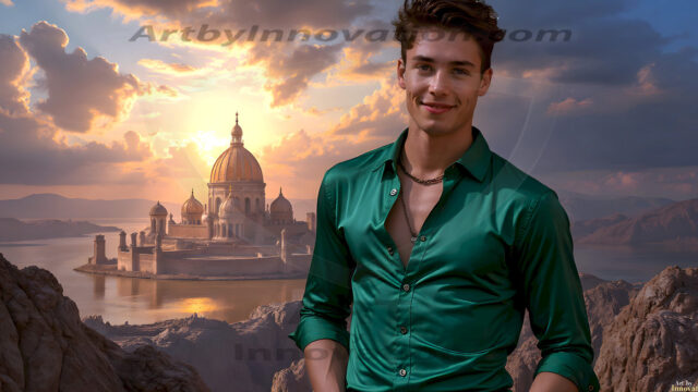 The Beautiful Young Men of the Golden City, is a collection of AI generated images of sexy, glamorous, handsome guys in the heavens. In this fantasy photograph of a young men in their late teens and 20's, overlooking a large golden city in the heavens. Generated to be as realistic as possible, in this this fantasy setting, with todays technology. Wearing jeans, an unbuttoned, vibrant, long-sleeve, button down shirt. The subject is enjoying a beautiful day outdoors. The mystical, galactic landscape, and the vibrant cosmic canopies, every detail, from the texture of the clouds, to the magnificent, majestic gothic architecture of the golden city, is crafted to create an atmosphere of reverence and divine glory. With a breathtaking scene, offering warm golden hour lighting. The heavenly landscape evokes a sense of freedom and tranquility, that is expresses through his facial features and smile, as day turns to night. The heavenly landscape evokes a sense of mysterious black space and light, with a vast galaxy that almost covers the image, the stars and constellations sparkle bright, in dark blue sky.