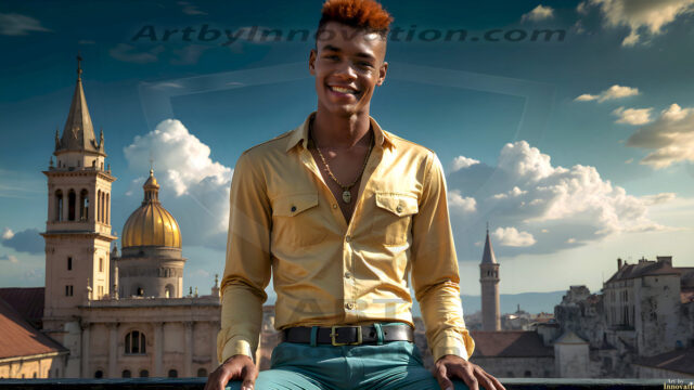 The Beautiful Young Men of the Golden City, is a collection of AI generated images of sexy, glamorous, handsome guys in the heavens. In this fantasy photograph of a young men in their late teens and 20's, overlooking a large golden city in the heavens. Generated to be as realistic as possible, in this this fantasy setting, with todays technology. Wearing jeans, an unbuttoned, vibrant, long-sleeve, button down shirt. The subject is enjoying a beautiful day outdoors. The mystical, galactic landscape, and the vibrant cosmic canopies, every detail, from the texture of the clouds, to the magnificent, majestic gothic architecture of the golden city, is crafted to create an atmosphere of reverence and divine glory. With a breathtaking scene, offering warm golden hour lighting. The heavenly landscape evokes a sense of freedom and tranquility, that is expresses through his facial features and smile, as day turns to night. The heavenly landscape evokes a sense of mysterious black space and light, with a vast galaxy that almost covers the image, the stars and constellations sparkle bright, in dark blue sky.