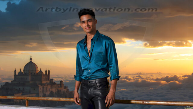 The Beautiful Young Men of the Golden City, is a collection of AI generated images of sexy, glamorous, handsome guys in the heavens. In this fantasy photograph of a young men in their late teens and 20's, overlooking a large golden city in the heavens. Generated to be as realistic as possible, in this this fantasy setting, with todays technology. Wearing jeans, an unbuttoned, vibrant, long-sleeve, button down shirt. The subject is enjoying a beautiful day outdoors. The mystical, galactic landscape, and the vibrant cosmic canopies, every detail, from the texture of the clouds, to the magnificent, majestic gothic architecture of the golden city, is crafted to create an atmosphere of reverence and divine glory. With a breathtaking scene, offering warm golden hour lighting. The heavenly landscape evokes a sense of freedom and tranquility, that is expresses through his facial features and smile, as day turns to night. The heavenly landscape evokes a sense of mysterious black space and light, with a vast galaxy that almost covers the image, the stars and constellations sparkle bright, in dark blue sky.