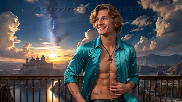 The Beautiful Young Men of the Golden City, is a collection of AI generated images of sexy, glamorous, handsome guys in the heavens. In this fantasy photograph of a young men in their late teens and 20's, overlooking a large golden city in the heavens. Generated to be as realistic as possible, in this this fantasy setting, with todays technology. Wearing jeans, an unbuttoned, vibrant, long-sleeve, button down shirt. The subject is enjoying a beautiful day outdoors. The mystical, galactic landscape, and the vibrant cosmic canopies, every detail, from the texture of the clouds, to the magnificent, majestic gothic architecture of the golden city, is crafted to create an atmosphere of reverence and divine glory. With a breathtaking scene, offering warm golden hour lighting. The heavenly landscape evokes a sense of freedom and tranquility, that is expresses through his facial features and smile, as day turns to night. The heavenly landscape evokes a sense of mysterious black space and light, with a vast galaxy that almost covers the image, the stars and constellations sparkle bright, in dark blue sky.