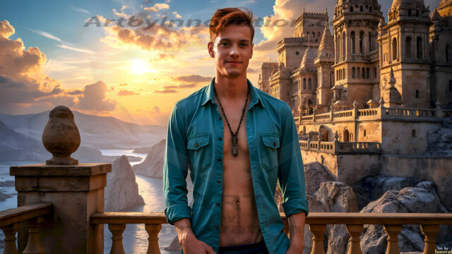 The Beautiful Young Men of the Golden City, is a collection of AI generated images of sexy, glamorous, handsome guys in the heavens. In this fantasy photograph of a young men in their late teens and 20's, overlooking a large golden city in the heavens. Generated to be as realistic as possible, in this this fantasy setting, with todays technology. Wearing jeans, an unbuttoned, vibrant, long-sleeve, button down shirt. The subject is enjoying a beautiful day outdoors. The mystical, galactic landscape, and the vibrant cosmic canopies, every detail, from the texture of the clouds, to the magnificent, majestic gothic architecture of the golden city, is crafted to create an atmosphere of reverence and divine glory. With a breathtaking scene, offering warm golden hour lighting. The heavenly landscape evokes a sense of freedom and tranquility, that is expresses through his facial features and smile, as day turns to night. The heavenly landscape evokes a sense of mysterious black space and light, with a vast galaxy that almost covers the image, the stars and constellations sparkle bright, in dark blue sky.
