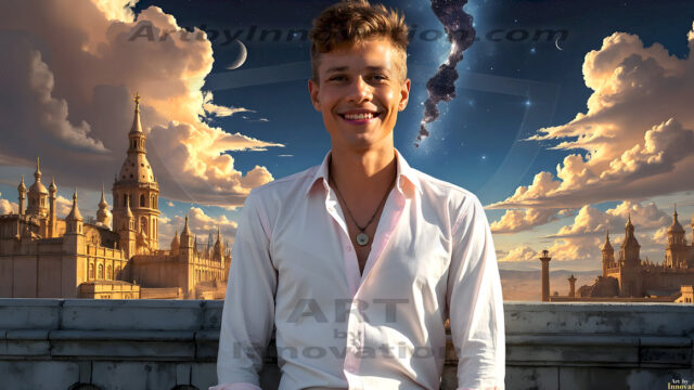 The Beautiful Young Men of the Golden City, is a collection of AI generated images of sexy, glamorous, handsome guys in the heavens. In this fantasy photograph of a young men in their late teens and 20's, overlooking a large golden city in the heavens. Generated to be as realistic as possible, in this this fantasy setting, with todays technology. Wearing jeans, an unbuttoned, vibrant, long-sleeve, button down shirt. The subject is enjoying a beautiful day outdoors. The mystical, galactic landscape, and the vibrant cosmic canopies, every detail, from the texture of the clouds, to the magnificent, majestic gothic architecture of the golden city, is crafted to create an atmosphere of reverence and divine glory. With a breathtaking scene, offering warm golden hour lighting. The heavenly landscape evokes a sense of freedom and tranquility, that is expresses through his facial features and smile, as day turns to night. The heavenly landscape evokes a sense of mysterious black space and light, with a vast galaxy that almost covers the image, the stars and constellations sparkle bright, in dark blue sky.