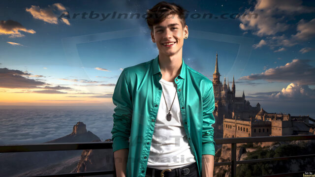 The Beautiful Young Men of the Golden City, is a collection of AI generated images of sexy, glamorous, handsome guys in the heavens. In this fantasy photograph of a young men in their late teens and 20's, overlooking a large golden city in the heavens. Generated to be as realistic as possible, in this this fantasy setting, with todays technology. Wearing jeans, an unbuttoned, vibrant, long-sleeve, button down shirt. The subject is enjoying a beautiful day outdoors. The mystical, galactic landscape, and the vibrant cosmic canopies, every detail, from the texture of the clouds, to the magnificent, majestic gothic architecture of the golden city, is crafted to create an atmosphere of reverence and divine glory. With a breathtaking scene, offering warm golden hour lighting. The heavenly landscape evokes a sense of freedom and tranquility, that is expresses through his facial features and smile, as day turns to night. The heavenly landscape evokes a sense of mysterious black space and light, with a vast galaxy that almost covers the image, the stars and constellations sparkle bright, in dark blue sky.