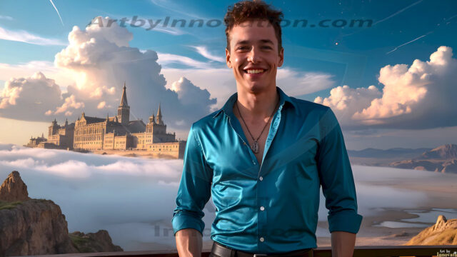 The Beautiful Young Men of the Golden City, is a collection of AI generated images of sexy, glamorous, handsome guys in the heavens. In this fantasy photograph of a young men in their late teens and 20's, overlooking a large golden city in the heavens. Generated to be as realistic as possible, in this this fantasy setting, with todays technology. Wearing jeans, an unbuttoned, vibrant, long-sleeve, button down shirt. The subject is enjoying a beautiful day outdoors. The mystical, galactic landscape, and the vibrant cosmic canopies, every detail, from the texture of the clouds, to the magnificent, majestic gothic architecture of the golden city, is crafted to create an atmosphere of reverence and divine glory. With a breathtaking scene, offering warm golden hour lighting. The heavenly landscape evokes a sense of freedom and tranquility, that is expresses through his facial features and smile, as day turns to night. The heavenly landscape evokes a sense of mysterious black space and light, with a vast galaxy that almost covers the image, the stars and constellations sparkle bright, in dark blue sky.