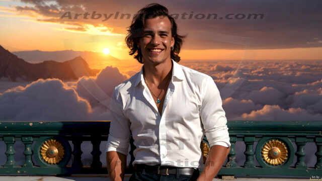 The Beautiful Young Men of the Golden City, is a collection of AI generated images of sexy, glamorous, handsome guys in the heavens. In this fantasy photograph of a young men in their late teens and 20's, overlooking a large golden city in the heavens. Generated to be as realistic as possible, in this this fantasy setting, with todays technology. Wearing jeans, an unbuttoned, vibrant, long-sleeve, button down shirt. The subject is enjoying a beautiful day outdoors. The mystical, galactic landscape, and the vibrant cosmic canopies, every detail, from the texture of the clouds, to the magnificent, majestic gothic architecture of the golden city, is crafted to create an atmosphere of reverence and divine glory. With a breathtaking scene, offering warm golden hour lighting. The heavenly landscape evokes a sense of freedom and tranquility, that is expresses through his facial features and smile, as day turns to night. The heavenly landscape evokes a sense of mysterious black space and light, with a vast galaxy that almost covers the image, the stars and constellations sparkle bright, in dark blue sky.