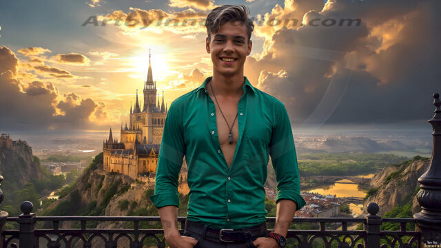 The Beautiful Young Men of the Golden City, is a collection of AI generated images of sexy, glamorous, handsome guys in the heavens. In this fantasy photograph of a young men in their late teens and 20's, overlooking a large golden city in the heavens. Generated to be as realistic as possible, in this this fantasy setting, with todays technology. Wearing jeans, an unbuttoned, vibrant, long-sleeve, button down shirt. The subject is enjoying a beautiful day outdoors. The mystical, galactic landscape, and the vibrant cosmic canopies, every detail, from the texture of the clouds, to the magnificent, majestic gothic architecture of the golden city, is crafted to create an atmosphere of reverence and divine glory. With a breathtaking scene, offering warm golden hour lighting. The heavenly landscape evokes a sense of freedom and tranquility, that is expresses through his facial features and smile, as day turns to night. The heavenly landscape evokes a sense of mysterious black space and light, with a vast galaxy that almost covers the image, the stars and constellations sparkle bright, in dark blue sky.