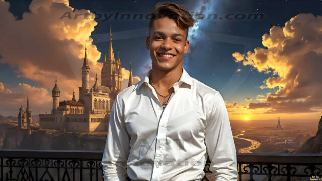 The Beautiful Young Men of the Golden City, is a collection of AI generated images of sexy, glamorous, handsome guys in the heavens. In this fantasy photograph of a young men in their late teens and 20's, overlooking a large golden city in the heavens. Generated to be as realistic as possible, in this this fantasy setting, with todays technology. Wearing jeans, an unbuttoned, vibrant, long-sleeve, button down shirt. The subject is enjoying a beautiful day outdoors. The mystical, galactic landscape, and the vibrant cosmic canopies, every detail, from the texture of the clouds, to the magnificent, majestic gothic architecture of the golden city, is crafted to create an atmosphere of reverence and divine glory. With a breathtaking scene, offering warm golden hour lighting. The heavenly landscape evokes a sense of freedom and tranquility, that is expresses through his facial features and smile, as day turns to night. The heavenly landscape evokes a sense of mysterious black space and light, with a vast galaxy that almost covers the image, the stars and constellations sparkle bright, in dark blue sky.