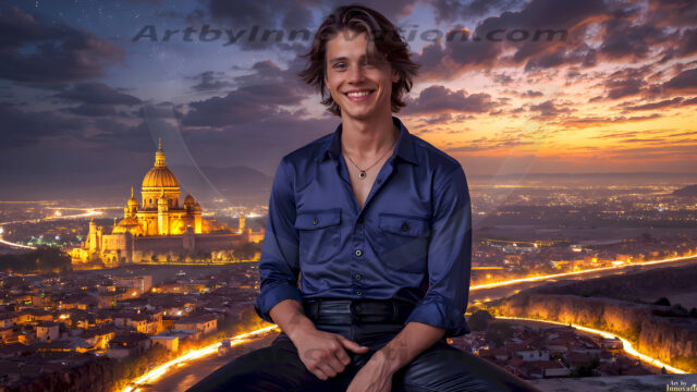 The Beautiful Young Men of the Golden City, is a collection of AI generated images of sexy, glamorous, handsome guys in the heavens. In this fantasy photograph of a young men in their late teens and 20's, overlooking a large golden city in the heavens. Generated to be as realistic as possible, in this this fantasy setting, with todays technology. Wearing jeans, an unbuttoned, vibrant, long-sleeve, button down shirt. The subject is enjoying a beautiful day outdoors. The mystical, galactic landscape, and the vibrant cosmic canopies, every detail, from the texture of the clouds, to the magnificent, majestic gothic architecture of the golden city, is crafted to create an atmosphere of reverence and divine glory. With a breathtaking scene, offering warm golden hour lighting. The heavenly landscape evokes a sense of freedom and tranquility, that is expresses through his facial features and smile, as day turns to night. The heavenly landscape evokes a sense of mysterious black space and light, with a vast galaxy that almost covers the image, the stars and constellations sparkle bright, in dark blue sky.