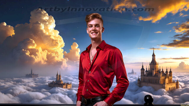 The Beautiful Young Men of the Golden City, is a collection of AI generated images of sexy, glamorous, handsome guys in the heavens. In this fantasy photograph of a young men in their late teens and 20's, overlooking a large golden city in the heavens. Generated to be as realistic as possible, in this this fantasy setting, with todays technology. Wearing jeans, an unbuttoned, vibrant, long-sleeve, button down shirt. The subject is enjoying a beautiful day outdoors. The mystical, galactic landscape, and the vibrant cosmic canopies, every detail, from the texture of the clouds, to the magnificent, majestic gothic architecture of the golden city, is crafted to create an atmosphere of reverence and divine glory. With a breathtaking scene, offering warm golden hour lighting. The heavenly landscape evokes a sense of freedom and tranquility, that is expresses through his facial features and smile, as day turns to night. The heavenly landscape evokes a sense of mysterious black space and light, with a vast galaxy that almost covers the image, the stars and constellations sparkle bright, in dark blue sky.