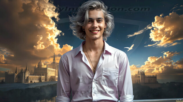 The Beautiful Young Men of the Golden City, is a collection of AI generated images of sexy, glamorous, handsome guys in the heavens. In this fantasy photograph of a young men in their late teens and 20's, overlooking a large golden city in the heavens. Generated to be as realistic as possible, in this this fantasy setting, with todays technology. Wearing jeans, an unbuttoned, vibrant, long-sleeve, button down shirt. The subject is enjoying a beautiful day outdoors. The mystical, galactic landscape, and the vibrant cosmic canopies, every detail, from the texture of the clouds, to the magnificent, majestic gothic architecture of the golden city, is crafted to create an atmosphere of reverence and divine glory. With a breathtaking scene, offering warm golden hour lighting. The heavenly landscape evokes a sense of freedom and tranquility, that is expresses through his facial features and smile, as day turns to night. The heavenly landscape evokes a sense of mysterious black space and light, with a vast galaxy that almost covers the image, the stars and constellations sparkle bright, in dark blue sky.