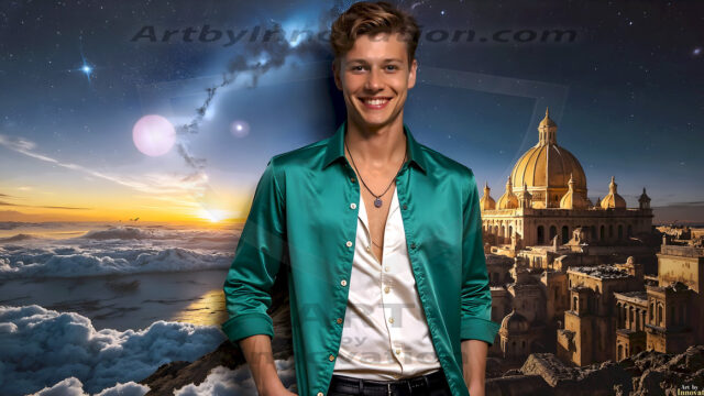 The Beautiful Young Men of the Golden City, is a collection of AI generated images of sexy, glamorous, handsome guys in the heavens. In this fantasy photograph of a young men in their late teens and 20's, overlooking a large golden city in the heavens. Generated to be as realistic as possible, in this this fantasy setting, with todays technology. Wearing jeans, an unbuttoned, vibrant, long-sleeve, button down shirt. The subject is enjoying a beautiful day outdoors. The mystical, galactic landscape, and the vibrant cosmic canopies, every detail, from the texture of the clouds, to the magnificent, majestic gothic architecture of the golden city, is crafted to create an atmosphere of reverence and divine glory. With a breathtaking scene, offering warm golden hour lighting. The heavenly landscape evokes a sense of freedom and tranquility, that is expresses through his facial features and smile, as day turns to night. The heavenly landscape evokes a sense of mysterious black space and light, with a vast galaxy that almost covers the image, the stars and constellations sparkle bright, in dark blue sky.