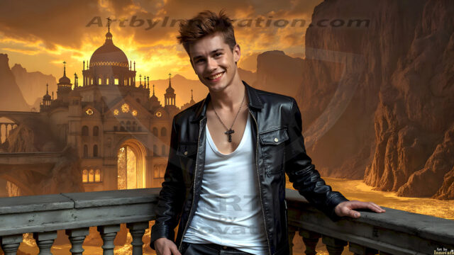 The Beautiful Young Men of the Golden City, is a collection of AI generated images of sexy, glamorous, handsome guys in the heavens. In this fantasy photograph of a young men in their late teens and 20's, overlooking a large golden city in the heavens. Generated to be as realistic as possible, in this this fantasy setting, with todays technology. Wearing jeans, an unbuttoned, vibrant, long-sleeve, button down shirt. The subject is enjoying a beautiful day outdoors. The mystical, galactic landscape, and the vibrant cosmic canopies, every detail, from the texture of the clouds, to the magnificent, majestic gothic architecture of the golden city, is crafted to create an atmosphere of reverence and divine glory. With a breathtaking scene, offering warm golden hour lighting. The heavenly landscape evokes a sense of freedom and tranquility, that is expresses through his facial features and smile, as day turns to night. The heavenly landscape evokes a sense of mysterious black space and light, with a vast galaxy that almost covers the image, the stars and constellations sparkle bright, in dark blue sky.