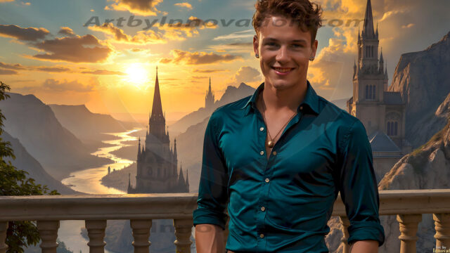 The Beautiful Young Men of the Golden City, is a collection of AI generated images of sexy, glamorous, handsome guys in the heavens. In this fantasy photograph of a young men in their late teens and 20's, overlooking a large golden city in the heavens. Generated to be as realistic as possible, in this this fantasy setting, with todays technology. Wearing jeans, an unbuttoned, vibrant, long-sleeve, button down shirt. The subject is enjoying a beautiful day outdoors. The mystical, galactic landscape, and the vibrant cosmic canopies, every detail, from the texture of the clouds, to the magnificent, majestic gothic architecture of the golden city, is crafted to create an atmosphere of reverence and divine glory. With a breathtaking scene, offering warm golden hour lighting. The heavenly landscape evokes a sense of freedom and tranquility, that is expresses through his facial features and smile, as day turns to night. The heavenly landscape evokes a sense of mysterious black space and light, with a vast galaxy that almost covers the image, the stars and constellations sparkle bright, in dark blue sky.