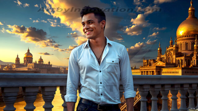 The Beautiful Young Men of the Golden City, is a collection of AI generated images of sexy, glamorous, handsome guys in the heavens. In this fantasy photograph of a young men in their late teens and 20's, overlooking a large golden city in the heavens. Generated to be as realistic as possible, in this this fantasy setting, with todays technology. Wearing jeans, an unbuttoned, vibrant, long-sleeve, button down shirt. The subject is enjoying a beautiful day outdoors. The mystical, galactic landscape, and the vibrant cosmic canopies, every detail, from the texture of the clouds, to the magnificent, majestic gothic architecture of the golden city, is crafted to create an atmosphere of reverence and divine glory. With a breathtaking scene, offering warm golden hour lighting. The heavenly landscape evokes a sense of freedom and tranquility, that is expresses through his facial features and smile, as day turns to night. The heavenly landscape evokes a sense of mysterious black space and light, with a vast galaxy that almost covers the image, the stars and constellations sparkle bright, in dark blue sky.