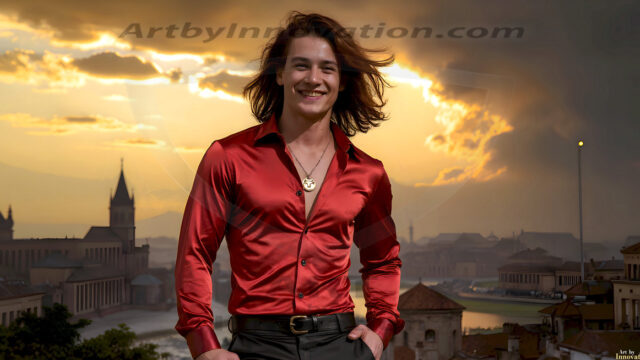 The Beautiful Young Men of the Golden City, is a collection of AI generated images of sexy, glamorous, handsome guys in the heavens. In this fantasy photograph of a young men in their late teens and 20's, overlooking a large golden city in the heavens. Generated to be as realistic as possible, in this this fantasy setting, with todays technology. Wearing jeans, an unbuttoned, vibrant, long-sleeve, button down shirt. The subject is enjoying a beautiful day outdoors. The mystical, galactic landscape, and the vibrant cosmic canopies, every detail, from the texture of the clouds, to the magnificent, majestic gothic architecture of the golden city, is crafted to create an atmosphere of reverence and divine glory. With a breathtaking scene, offering warm golden hour lighting. The heavenly landscape evokes a sense of freedom and tranquility, that is expresses through his facial features and smile, as day turns to night. The heavenly landscape evokes a sense of mysterious black space and light, with a vast galaxy that almost covers the image, the stars and constellations sparkle bright, in dark blue sky.