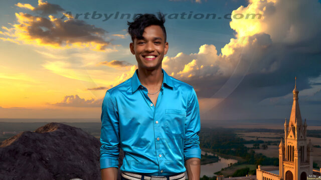The Beautiful Young Men of the Golden City, is a collection of AI generated images of sexy, glamorous, handsome guys in the heavens. In this fantasy photograph of a young men in their late teens and 20's, overlooking a large golden city in the heavens. Generated to be as realistic as possible, in this this fantasy setting, with todays technology. Wearing jeans, an unbuttoned, vibrant, long-sleeve, button down shirt. The subject is enjoying a beautiful day outdoors. The mystical, galactic landscape, and the vibrant cosmic canopies, every detail, from the texture of the clouds, to the magnificent, majestic gothic architecture of the golden city, is crafted to create an atmosphere of reverence and divine glory. With a breathtaking scene, offering warm golden hour lighting. The heavenly landscape evokes a sense of freedom and tranquility, that is expresses through his facial features and smile, as day turns to night. The heavenly landscape evokes a sense of mysterious black space and light, with a vast galaxy that almost covers the image, the stars and constellations sparkle bright, in dark blue sky.