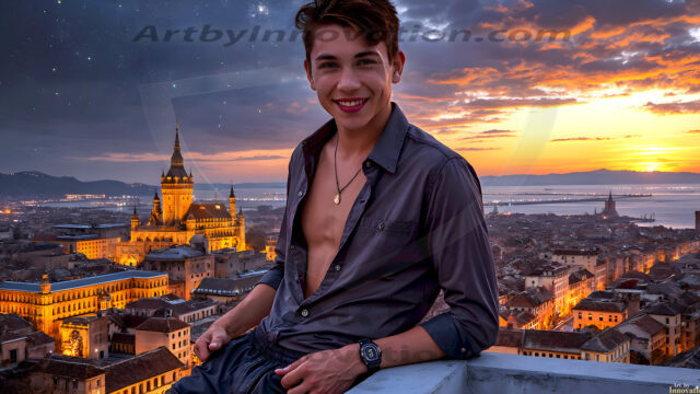 The Beautiful Young Men of the Golden City, is a collection of AI generated images of sexy, glamorous, handsome guys in the heavens. In this fantasy photograph of a young men in their late teens and 20's, overlooking a large golden city in the heavens. Generated to be as realistic as possible, in this this fantasy setting, with todays technology. Wearing jeans, an unbuttoned, vibrant, long-sleeve, button down shirt. The subject is enjoying a beautiful day outdoors. The mystical, galactic landscape, and the vibrant cosmic canopies, every detail, from the texture of the clouds, to the magnificent, majestic gothic architecture of the golden city, is crafted to create an atmosphere of reverence and divine glory. With a breathtaking scene, offering warm golden hour lighting. The heavenly landscape evokes a sense of freedom and tranquility, that is expresses through his facial features and smile, as day turns to night. The heavenly landscape evokes a sense of mysterious black space and light, with a vast galaxy that almost covers the image, the stars and constellations sparkle bright, in dark blue sky.
