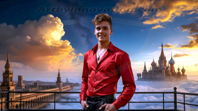 The Beautiful Young Men of the Golden City, is a collection of AI generated images of sexy, glamorous, handsome guys in the heavens. In this fantasy photograph of a young men in their late teens and 20's, overlooking a large golden city in the heavens. Generated to be as realistic as possible, in this this fantasy setting, with todays technology. Wearing jeans, an unbuttoned, vibrant, long-sleeve, button down shirt. The subject is enjoying a beautiful day outdoors. The mystical, galactic landscape, and the vibrant cosmic canopies, every detail, from the texture of the clouds, to the magnificent, majestic gothic architecture of the golden city, is crafted to create an atmosphere of reverence and divine glory. With a breathtaking scene, offering warm golden hour lighting. The heavenly landscape evokes a sense of freedom and tranquility, that is expresses through his facial features and smile, as day turns to night. The heavenly landscape evokes a sense of mysterious black space and light, with a vast galaxy that almost covers the image, the stars and constellations sparkle bright, in dark blue sky.