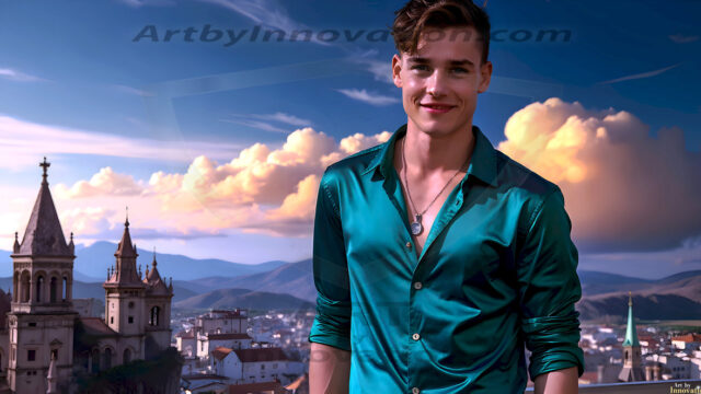 The Beautiful Young Men of the Golden City, is a collection of AI generated images of sexy, glamorous, handsome guys in the heavens. In this fantasy photograph of a young men in their late teens and 20's, overlooking a large golden city in the heavens. Generated to be as realistic as possible, in this this fantasy setting, with todays technology. Wearing jeans, an unbuttoned, vibrant, long-sleeve, button down shirt. The subject is enjoying a beautiful day outdoors. The mystical, galactic landscape, and the vibrant cosmic canopies, every detail, from the texture of the clouds, to the magnificent, majestic gothic architecture of the golden city, is crafted to create an atmosphere of reverence and divine glory. With a breathtaking scene, offering warm golden hour lighting. The heavenly landscape evokes a sense of freedom and tranquility, that is expresses through his facial features and smile, as day turns to night. The heavenly landscape evokes a sense of mysterious black space and light, with a vast galaxy that almost covers the image, the stars and constellations sparkle bright, in dark blue sky.