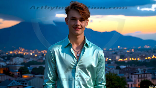 The Beautiful Young Men of the Golden City, is a collection of AI generated images of sexy, glamorous, handsome guys in the heavens. In this fantasy photograph of a young men in their late teens and 20's, overlooking a large golden city in the heavens. Generated to be as realistic as possible, in this this fantasy setting, with todays technology. Wearing jeans, an unbuttoned, vibrant, long-sleeve, button down shirt. The subject is enjoying a beautiful day outdoors. The mystical, galactic landscape, and the vibrant cosmic canopies, every detail, from the texture of the clouds, to the magnificent, majestic gothic architecture of the golden city, is crafted to create an atmosphere of reverence and divine glory. With a breathtaking scene, offering warm golden hour lighting. The heavenly landscape evokes a sense of freedom and tranquility, that is expresses through his facial features and smile, as day turns to night. The heavenly landscape evokes a sense of mysterious black space and light, with a vast galaxy that almost covers the image, the stars and constellations sparkle bright, in dark blue sky.