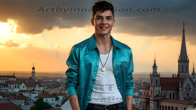 The Beautiful Young Men of the Golden City, is a collection of AI generated images of sexy, glamorous, handsome guys in the heavens. In this fantasy photograph of a young men in their late teens and 20's, overlooking a large golden city in the heavens. Generated to be as realistic as possible, in this this fantasy setting, with todays technology. Wearing jeans, an unbuttoned, vibrant, long-sleeve, button down shirt. The subject is enjoying a beautiful day outdoors. The mystical, galactic landscape, and the vibrant cosmic canopies, every detail, from the texture of the clouds, to the magnificent, majestic gothic architecture of the golden city, is crafted to create an atmosphere of reverence and divine glory. With a breathtaking scene, offering warm golden hour lighting. The heavenly landscape evokes a sense of freedom and tranquility, that is expresses through his facial features and smile, as day turns to night. The heavenly landscape evokes a sense of mysterious black space and light, with a vast galaxy that almost covers the image, the stars and constellations sparkle bright, in dark blue sky.