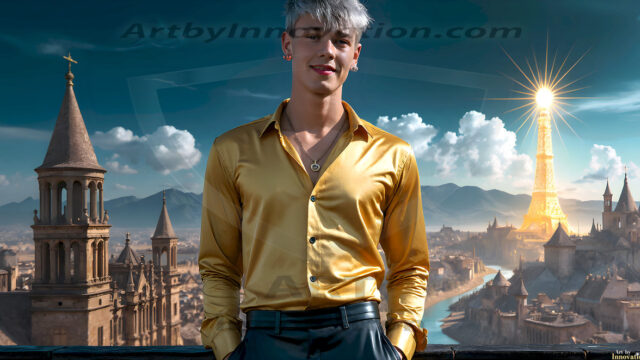 The Beautiful Young Men of the Golden City, is a collection of AI generated images of sexy, glamorous, handsome guys in the heavens. In this fantasy photograph of a young men in their late teens and 20's, overlooking a large golden city in the heavens. Generated to be as realistic as possible, in this this fantasy setting, with todays technology. Wearing jeans, an unbuttoned, vibrant, long-sleeve, button down shirt. The subject is enjoying a beautiful day outdoors. The mystical, galactic landscape, and the vibrant cosmic canopies, every detail, from the texture of the clouds, to the magnificent, majestic gothic architecture of the golden city, is crafted to create an atmosphere of reverence and divine glory. With a breathtaking scene, offering warm golden hour lighting. The heavenly landscape evokes a sense of freedom and tranquility, that is expresses through his facial features and smile, as day turns to night. The heavenly landscape evokes a sense of mysterious black space and light, with a vast galaxy that almost covers the image, the stars and constellations sparkle bright, in dark blue sky.