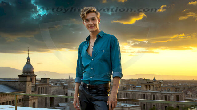 The Beautiful Young Men of the Golden City, is a collection of AI generated images of sexy, glamorous, handsome guys in the heavens. In this fantasy photograph of a young men in their late teens and 20's, overlooking a large golden city in the heavens. Generated to be as realistic as possible, in this this fantasy setting, with todays technology. Wearing jeans, an unbuttoned, vibrant, long-sleeve, button down shirt. The subject is enjoying a beautiful day outdoors. The mystical, galactic landscape, and the vibrant cosmic canopies, every detail, from the texture of the clouds, to the magnificent, majestic gothic architecture of the golden city, is crafted to create an atmosphere of reverence and divine glory. With a breathtaking scene, offering warm golden hour lighting. The heavenly landscape evokes a sense of freedom and tranquility, that is expresses through his facial features and smile, as day turns to night. The heavenly landscape evokes a sense of mysterious black space and light, with a vast galaxy that almost covers the image, the stars and constellations sparkle bright, in dark blue sky.