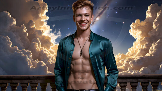 The Beautiful Young Men of the Golden City, is a collection of AI generated images of sexy, glamorous, handsome guys in the heavens. In this fantasy photograph of a young men in their late teens and 20's, overlooking a large golden city in the heavens. Generated to be as realistic as possible, in this this fantasy setting, with todays technology. Wearing jeans, an unbuttoned, vibrant, long-sleeve, button down shirt. The subject is enjoying a beautiful day outdoors. The mystical, galactic landscape, and the vibrant cosmic canopies, every detail, from the texture of the clouds, to the magnificent, majestic gothic architecture of the golden city, is crafted to create an atmosphere of reverence and divine glory. With a breathtaking scene, offering warm golden hour lighting. The heavenly landscape evokes a sense of freedom and tranquility, that is expresses through his facial features and smile, as day turns to night. The heavenly landscape evokes a sense of mysterious black space and light, with a vast galaxy that almost covers the image, the stars and constellations sparkle bright, in dark blue sky.