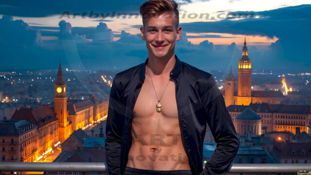 The Beautiful Young Men of the Golden City, is a collection of AI generated images of sexy, glamorous, handsome guys in the heavens. In this fantasy photograph of a young men in their late teens and 20's, overlooking a large golden city in the heavens. Generated to be as realistic as possible, in this this fantasy setting, with todays technology. Wearing jeans, an unbuttoned, vibrant, long-sleeve, button down shirt. The subject is enjoying a beautiful day outdoors. The mystical, galactic landscape, and the vibrant cosmic canopies, every detail, from the texture of the clouds, to the magnificent, majestic gothic architecture of the golden city, is crafted to create an atmosphere of reverence and divine glory. With a breathtaking scene, offering warm golden hour lighting. The heavenly landscape evokes a sense of freedom and tranquility, that is expresses through his facial features and smile, as day turns to night. The heavenly landscape evokes a sense of mysterious black space and light, with a vast galaxy that almost covers the image, the stars and constellations sparkle bright, in dark blue sky.