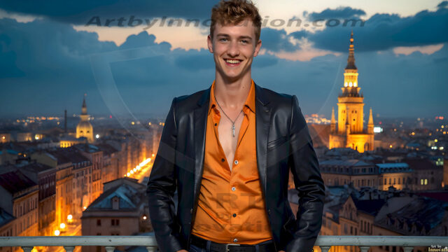 The Beautiful Young Men of the Golden City, is a collection of AI generated images of sexy, glamorous, handsome guys in the heavens. In this fantasy photograph of a young men in their late teens and 20's, overlooking a large golden city in the heavens. Generated to be as realistic as possible, in this this fantasy setting, with todays technology. Wearing jeans, an unbuttoned, vibrant, long-sleeve, button down shirt. The subject is enjoying a beautiful day outdoors. The mystical, galactic landscape, and the vibrant cosmic canopies, every detail, from the texture of the clouds, to the magnificent, majestic gothic architecture of the golden city, is crafted to create an atmosphere of reverence and divine glory. With a breathtaking scene, offering warm golden hour lighting. The heavenly landscape evokes a sense of freedom and tranquility, that is expresses through his facial features and smile, as day turns to night. The heavenly landscape evokes a sense of mysterious black space and light, with a vast galaxy that almost covers the image, the stars and constellations sparkle bright, in dark blue sky.
