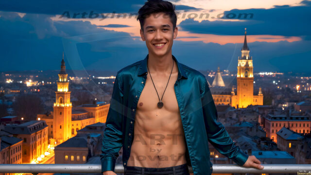 The Beautiful Young Men of the Golden City, is a collection of AI generated images of sexy, glamorous, handsome guys in the heavens. In this fantasy photograph of a young men in their late teens and 20's, overlooking a large golden city in the heavens. Generated to be as realistic as possible, in this this fantasy setting, with todays technology. Wearing jeans, an unbuttoned, vibrant, long-sleeve, button down shirt. The subject is enjoying a beautiful day outdoors. The mystical, galactic landscape, and the vibrant cosmic canopies, every detail, from the texture of the clouds, to the magnificent, majestic gothic architecture of the golden city, is crafted to create an atmosphere of reverence and divine glory. With a breathtaking scene, offering warm golden hour lighting. The heavenly landscape evokes a sense of freedom and tranquility, that is expresses through his facial features and smile, as day turns to night. The heavenly landscape evokes a sense of mysterious black space and light, with a vast galaxy that almost covers the image, the stars and constellations sparkle bright, in dark blue sky.