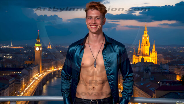 The Beautiful Young Men of the Golden City, is a collection of AI generated images of sexy, glamorous, handsome guys in the heavens. In this fantasy photograph of a young men in their late teens and 20's, overlooking a large golden city in the heavens. Generated to be as realistic as possible, in this this fantasy setting, with todays technology. Wearing jeans, an unbuttoned, vibrant, long-sleeve, button down shirt. The subject is enjoying a beautiful day outdoors. The mystical, galactic landscape, and the vibrant cosmic canopies, every detail, from the texture of the clouds, to the magnificent, majestic gothic architecture of the golden city, is crafted to create an atmosphere of reverence and divine glory. With a breathtaking scene, offering warm golden hour lighting. The heavenly landscape evokes a sense of freedom and tranquility, that is expresses through his facial features and smile, as day turns to night. The heavenly landscape evokes a sense of mysterious black space and light, with a vast galaxy that almost covers the image, the stars and constellations sparkle bright, in dark blue sky.