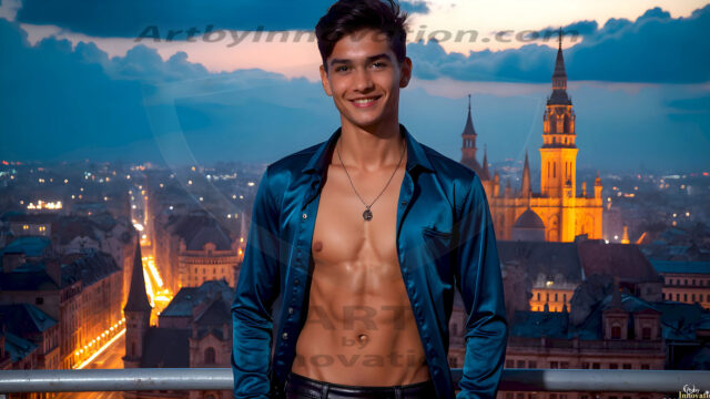 The Beautiful Young Men of the Golden City, is a collection of AI generated images of sexy, glamorous, handsome guys in the heavens. In this fantasy photograph of a young men in their late teens and 20's, overlooking a large golden city in the heavens. Generated to be as realistic as possible, in this this fantasy setting, with todays technology. Wearing jeans, an unbuttoned, vibrant, long-sleeve, button down shirt. The subject is enjoying a beautiful day outdoors. The mystical, galactic landscape, and the vibrant cosmic canopies, every detail, from the texture of the clouds, to the magnificent, majestic gothic architecture of the golden city, is crafted to create an atmosphere of reverence and divine glory. With a breathtaking scene, offering warm golden hour lighting. The heavenly landscape evokes a sense of freedom and tranquility, that is expresses through his facial features and smile, as day turns to night. The heavenly landscape evokes a sense of mysterious black space and light, with a vast galaxy that almost covers the image, the stars and constellations sparkle bright, in dark blue sky.
