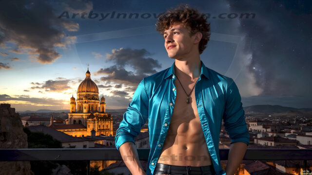 The Beautiful Young Men of the Golden City, is a collection of AI generated images of sexy, glamorous, handsome guys in the heavens. In this fantasy photograph of a young men in their late teens and 20's, overlooking a large golden city in the heavens. Generated to be as realistic as possible, in this this fantasy setting, with todays technology. Wearing jeans, an unbuttoned, vibrant, long-sleeve, button down shirt. The subject is enjoying a beautiful day outdoors. The mystical, galactic landscape, and the vibrant cosmic canopies, every detail, from the texture of the clouds, to the magnificent, majestic gothic architecture of the golden city, is crafted to create an atmosphere of reverence and divine glory. With a breathtaking scene, offering warm golden hour lighting. The heavenly landscape evokes a sense of freedom and tranquility, that is expresses through his facial features and smile, as day turns to night. The heavenly landscape evokes a sense of mysterious black space and light, with a vast galaxy that almost covers the image, the stars and constellations sparkle bright, in dark blue sky.