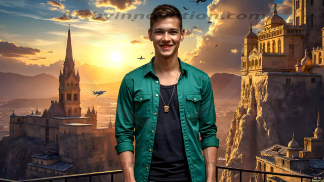 The Beautiful Young Men of the Golden City, is a collection of AI generated images of sexy, glamorous, handsome guys in the heavens. In this fantasy photograph of a young men in their late teens and 20's, overlooking a large golden city in the heavens. Generated to be as realistic as possible, in this this fantasy setting, with todays technology. Wearing jeans, an unbuttoned, vibrant, long-sleeve, button down shirt. The subject is enjoying a beautiful day outdoors. The mystical, galactic landscape, and the vibrant cosmic canopies, every detail, from the texture of the clouds, to the magnificent, majestic gothic architecture of the golden city, is crafted to create an atmosphere of reverence and divine glory. With a breathtaking scene, offering warm golden hour lighting. The heavenly landscape evokes a sense of freedom and tranquility, that is expresses through his facial features and smile, as day turns to night. The heavenly landscape evokes a sense of mysterious black space and light, with a vast galaxy that almost covers the image, the stars and constellations sparkle bright, in dark blue sky.