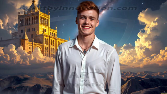The Beautiful Young Men of the Golden City, is a collection of AI generated images of sexy, glamorous, handsome guys in the heavens. In this fantasy photograph of a young men in their late teens and 20's, overlooking a large golden city in the heavens. Generated to be as realistic as possible, in this this fantasy setting, with todays technology. Wearing jeans, an unbuttoned, vibrant, long-sleeve, button down shirt. The subject is enjoying a beautiful day outdoors. The mystical, galactic landscape, and the vibrant cosmic canopies, every detail, from the texture of the clouds, to the magnificent, majestic gothic architecture of the golden city, is crafted to create an atmosphere of reverence and divine glory. With a breathtaking scene, offering warm golden hour lighting. The heavenly landscape evokes a sense of freedom and tranquility, that is expresses through his facial features and smile, as day turns to night. The heavenly landscape evokes a sense of mysterious black space and light, with a vast galaxy that almost covers the image, the stars and constellations sparkle bright, in dark blue sky.