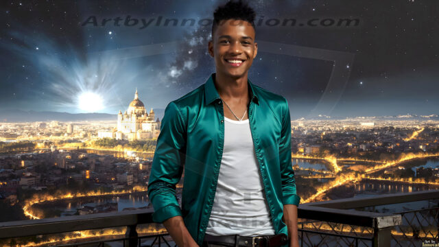 The Beautiful Young Men of the Golden City, is a collection of AI generated images of sexy, glamorous, handsome guys in the heavens. In this fantasy photograph of a young men in their late teens and 20's, overlooking a large golden city in the heavens. Generated to be as realistic as possible, in this this fantasy setting, with todays technology. Wearing jeans, an unbuttoned, vibrant, long-sleeve, button down shirt. The subject is enjoying a beautiful day outdoors. The mystical, galactic landscape, and the vibrant cosmic canopies, every detail, from the texture of the clouds, to the magnificent, majestic gothic architecture of the golden city, is crafted to create an atmosphere of reverence and divine glory. With a breathtaking scene, offering warm golden hour lighting. The heavenly landscape evokes a sense of freedom and tranquility, that is expresses through his facial features and smile, as day turns to night. The heavenly landscape evokes a sense of mysterious black space and light, with a vast galaxy that almost covers the image, the stars and constellations sparkle bright, in dark blue sky.