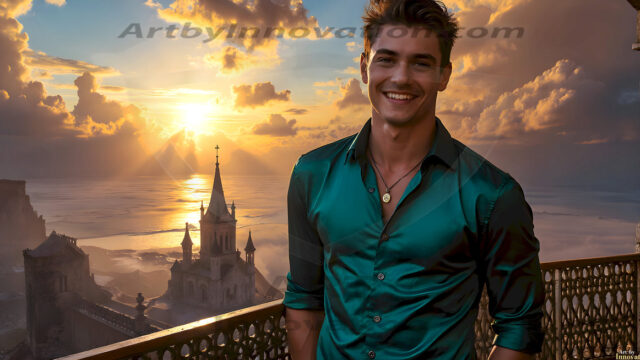 The Beautiful Young Men of the Golden City, is a collection of AI generated images of sexy, glamorous, handsome guys in the heavens. In this fantasy photograph of a young men in their late teens and 20's, overlooking a large golden city in the heavens. Generated to be as realistic as possible, in this this fantasy setting, with todays technology. Wearing jeans, an unbuttoned, vibrant, long-sleeve, button down shirt. The subject is enjoying a beautiful day outdoors. The mystical, galactic landscape, and the vibrant cosmic canopies, every detail, from the texture of the clouds, to the magnificent, majestic gothic architecture of the golden city, is crafted to create an atmosphere of reverence and divine glory. With a breathtaking scene, offering warm golden hour lighting. The heavenly landscape evokes a sense of freedom and tranquility, that is expresses through his facial features and smile, as day turns to night. The heavenly landscape evokes a sense of mysterious black space and light, with a vast galaxy that almost covers the image, the stars and constellations sparkle bright, in dark blue sky.