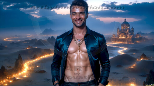 The Beautiful Young Men of the Golden City, is a collection of AI generated images of sexy, glamorous, handsome guys in the heavens. In this fantasy photograph of a young men in their late teens and 20's, overlooking a large golden city in the heavens. Generated to be as realistic as possible, in this this fantasy setting, with todays technology. Wearing jeans, an unbuttoned, vibrant, long-sleeve, button down shirt. The subject is enjoying a beautiful day outdoors. The mystical, galactic landscape, and the vibrant cosmic canopies, every detail, from the texture of the clouds, to the magnificent, majestic gothic architecture of the golden city, is crafted to create an atmosphere of reverence and divine glory. With a breathtaking scene, offering warm golden hour lighting. The heavenly landscape evokes a sense of freedom and tranquility, that is expresses through his facial features and smile, as day turns to night. The heavenly landscape evokes a sense of mysterious black space and light, with a vast galaxy that almost covers the image, the stars and constellations sparkle bright, in dark blue sky.