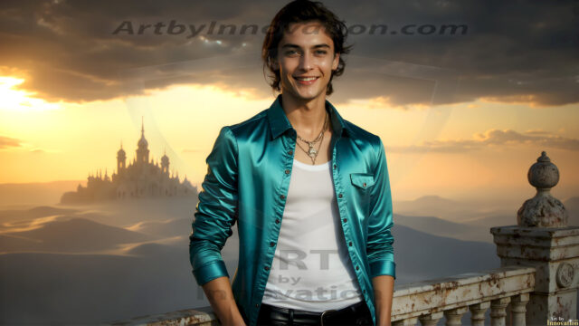 The Beautiful Young Men of the Golden City, is a collection of AI generated images of sexy, glamorous, handsome guys in the heavens. In this fantasy photograph of a young men in their late teens and 20's, overlooking a large golden city in the heavens. Generated to be as realistic as possible, in this this fantasy setting, with todays technology. Wearing jeans, an unbuttoned, vibrant, long-sleeve, button down shirt. The subject is enjoying a beautiful day outdoors. The mystical, galactic landscape, and the vibrant cosmic canopies, every detail, from the texture of the clouds, to the magnificent, majestic gothic architecture of the golden city, is crafted to create an atmosphere of reverence and divine glory. With a breathtaking scene, offering warm golden hour lighting. The heavenly landscape evokes a sense of freedom and tranquility, that is expresses through his facial features and smile, as day turns to night. The heavenly landscape evokes a sense of mysterious black space and light, with a vast galaxy that almost covers the image, the stars and constellations sparkle bright, in dark blue sky.