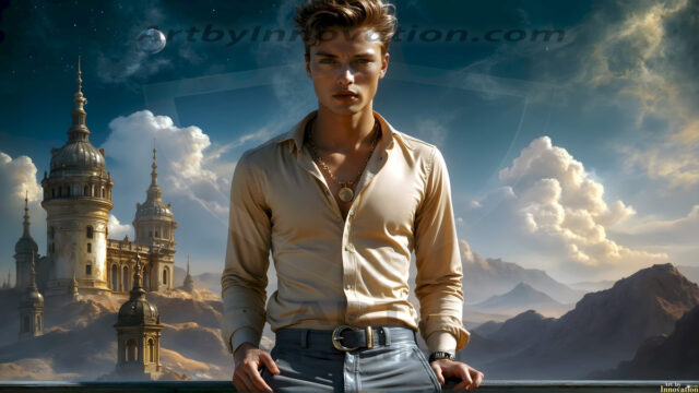 The Beautiful Young Men of the Golden City, is a collection of AI generated images of sexy, glamorous, handsome guys in the heavens. In this fantasy photograph of a young men in their late teens and 20's, overlooking a large golden city in the heavens. Generated to be as realistic as possible, in this this fantasy setting, with todays technology. Wearing jeans, an unbuttoned, vibrant, long-sleeve, button down shirt. The subject is enjoying a beautiful day outdoors. The mystical, galactic landscape, and the vibrant cosmic canopies, every detail, from the texture of the clouds, to the magnificent, majestic gothic architecture of the golden city, is crafted to create an atmosphere of reverence and divine glory. With a breathtaking scene, offering warm golden hour lighting. The heavenly landscape evokes a sense of freedom and tranquility, that is expresses through his facial features and smile, as day turns to night. The heavenly landscape evokes a sense of mysterious black space and light, with a vast galaxy that almost covers the image, the stars and constellations sparkle bright, in dark blue sky.