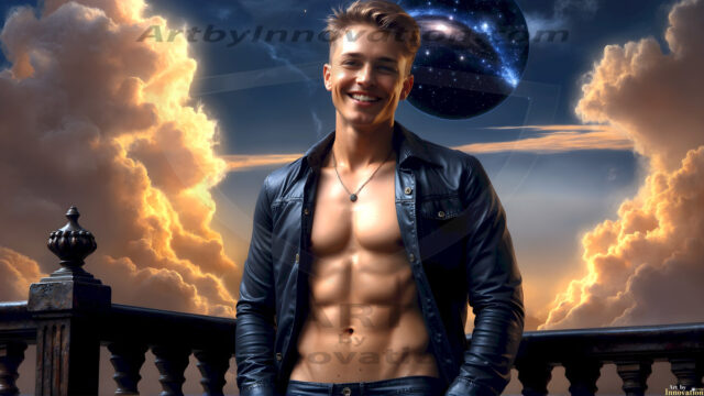 The Beautiful Young Men of the Golden City, is a collection of AI generated images of sexy, glamorous, handsome guys in the heavens. In this fantasy photograph of a young men in their late teens and 20's, overlooking a large golden city in the heavens. Generated to be as realistic as possible, in this this fantasy setting, with todays technology. Wearing jeans, an unbuttoned, vibrant, long-sleeve, button down shirt. The subject is enjoying a beautiful day outdoors. The mystical, galactic landscape, and the vibrant cosmic canopies, every detail, from the texture of the clouds, to the magnificent, majestic gothic architecture of the golden city, is crafted to create an atmosphere of reverence and divine glory. With a breathtaking scene, offering warm golden hour lighting. The heavenly landscape evokes a sense of freedom and tranquility, that is expresses through his facial features and smile, as day turns to night. The heavenly landscape evokes a sense of mysterious black space and light, with a vast galaxy that almost covers the image, the stars and constellations sparkle bright, in dark blue sky.