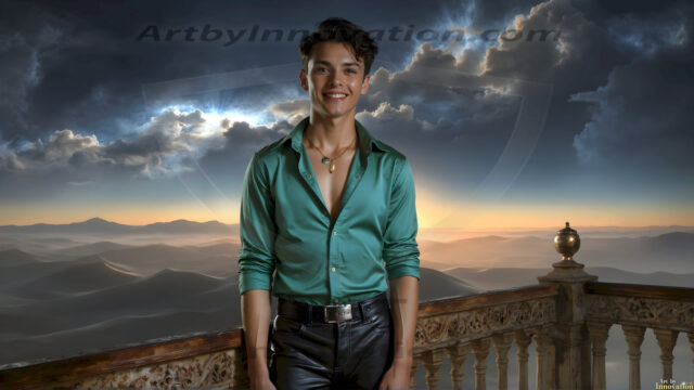 The Beautiful Young Men of the Golden City, is a collection of AI generated images of sexy, glamorous, handsome guys in the heavens. In this fantasy photograph of a young men in their late teens and 20's, overlooking a large golden city in the heavens. Generated to be as realistic as possible, in this this fantasy setting, with todays technology. Wearing jeans, an unbuttoned, vibrant, long-sleeve, button down shirt. The subject is enjoying a beautiful day outdoors. The mystical, galactic landscape, and the vibrant cosmic canopies, every detail, from the texture of the clouds, to the magnificent, majestic gothic architecture of the golden city, is crafted to create an atmosphere of reverence and divine glory. With a breathtaking scene, offering warm golden hour lighting. The heavenly landscape evokes a sense of freedom and tranquility, that is expresses through his facial features and smile, as day turns to night. The heavenly landscape evokes a sense of mysterious black space and light, with a vast galaxy that almost covers the image, the stars and constellations sparkle bright, in dark blue sky.