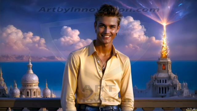 The Beautiful Young Men of the Golden City, is a collection of AI generated images of sexy, glamorous, handsome guys in the heavens. In this fantasy photograph of a young men in their late teens and 20's, overlooking a large golden city in the heavens. Generated to be as realistic as possible, in this this fantasy setting, with todays technology. Wearing jeans, an unbuttoned, vibrant, long-sleeve, button down shirt. The subject is enjoying a beautiful day outdoors. The mystical, galactic landscape, and the vibrant cosmic canopies, every detail, from the texture of the clouds, to the magnificent, majestic gothic architecture of the golden city, is crafted to create an atmosphere of reverence and divine glory. With a breathtaking scene, offering warm golden hour lighting. The heavenly landscape evokes a sense of freedom and tranquility, that is expresses through his facial features and smile, as day turns to night. The heavenly landscape evokes a sense of mysterious black space and light, with a vast galaxy that almost covers the image, the stars and constellations sparkle bright, in dark blue sky.