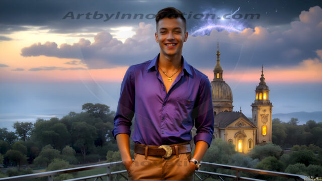 The Beautiful Young Men of the Golden City, is a collection of AI generated images of sexy, glamorous, handsome guys in the heavens. In this fantasy photograph of a young men in their late teens and 20's, overlooking a large golden city in the heavens. Generated to be as realistic as possible, in this this fantasy setting, with todays technology. Wearing jeans, an unbuttoned, vibrant, long-sleeve, button down shirt. The subject is enjoying a beautiful day outdoors. The mystical, galactic landscape, and the vibrant cosmic canopies, every detail, from the texture of the clouds, to the magnificent, majestic gothic architecture of the golden city, is crafted to create an atmosphere of reverence and divine glory. With a breathtaking scene, offering warm golden hour lighting. The heavenly landscape evokes a sense of freedom and tranquility, that is expresses through his facial features and smile, as day turns to night. The heavenly landscape evokes a sense of mysterious black space and light, with a vast galaxy that almost covers the image, the stars and constellations sparkle bright, in dark blue sky.